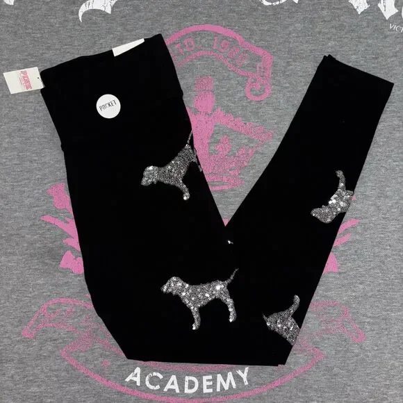 Victoria’s Secret PINK Silver Sequin Bling Skinny Pup Dog Leggings NWT Small HTF - Picture 1 of 6